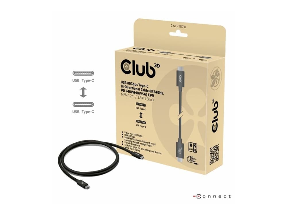 Club 3D Club3D Kabelis USB4 v2 Type-C, 80Gbps, kabelis sertifiointi, 4K540Hz, 16K60Hz, PD 240W, 1m