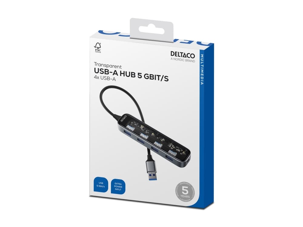 Deltaco USB-A-keskitin, 4x USB-A, 5 Gbit/s, läpinäkyvä, läpinäkyvä