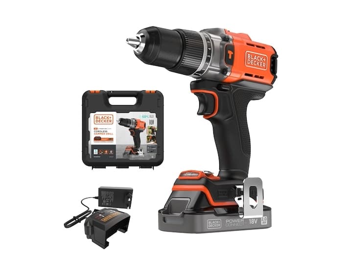 porakone/porakone smūginis akumuliatorinė, 45Nm, 18V POWERCONNECT, Black &amp Decker [BCD383D1XK-QW] 2,0Ah, dėklas