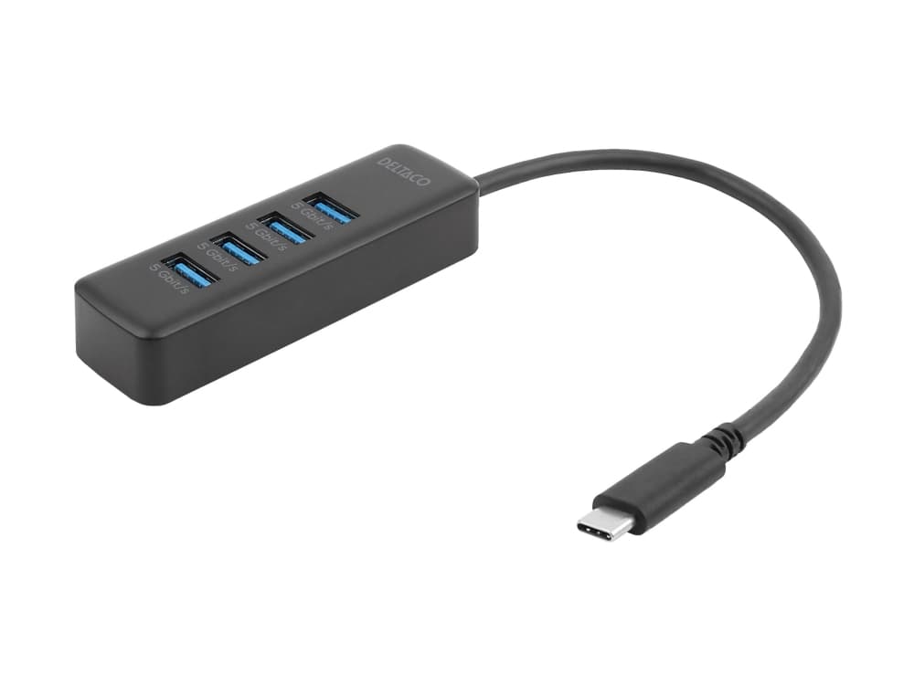 USB-C-keskitin DELTACO, 5 Gbps, 4x USB-A, ohut, juodas / USBC-HUB202 / 1902427
