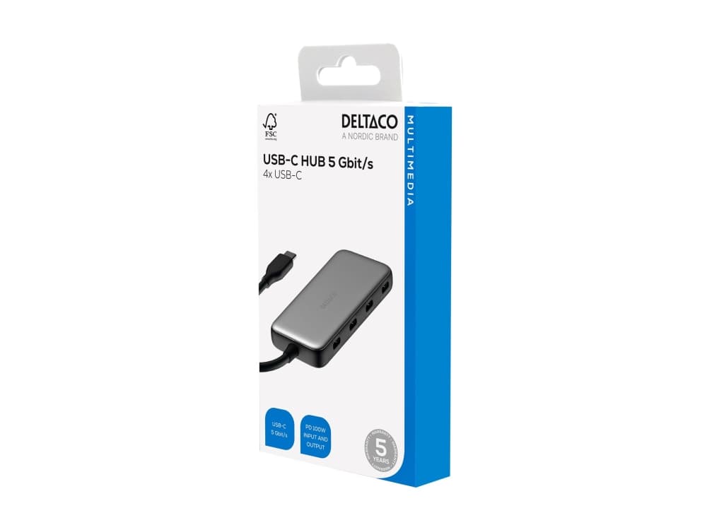 USB-C-keskitin, 5 Gbps, 4x USB-C, PD-tulo 100 W