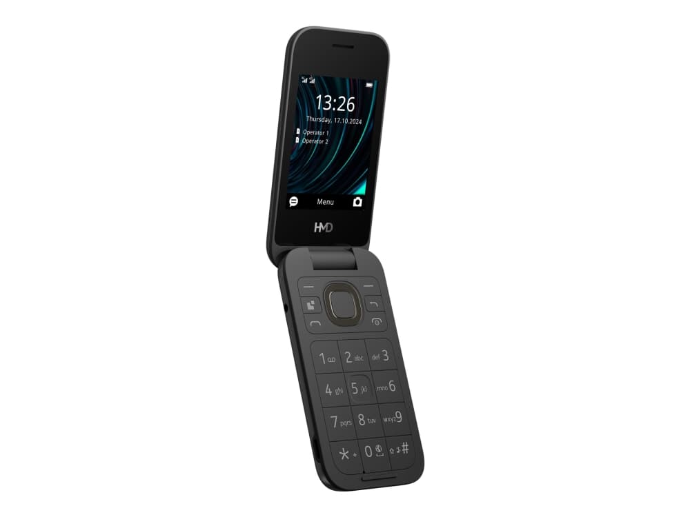 HMD 2660 Flip - 4G-ominaisuuspuhelin - dual-SIM - RAM 64 MB / Sisäinen muisti 128 MB - microSD-korttipaikka - takakamera 0,3 MP - musta - musta