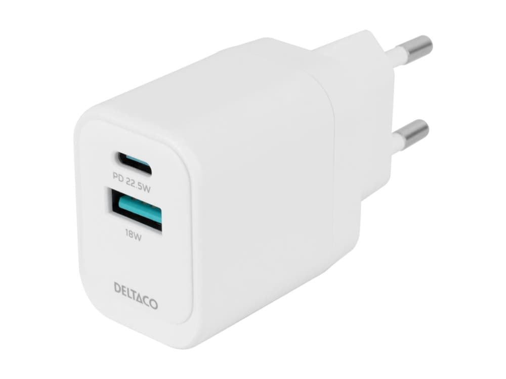 USB-seinälaturi DELTACO, 1x USB-A 18 W, 1x USB-C PD 20 W, valkoinen/ USBC-AC154 / 1903153