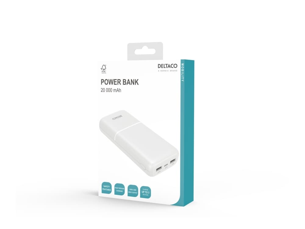DELTACO ulkoinen akku 20 000 mAh, 2x USB-A, 1x USB-C / PB-C1006