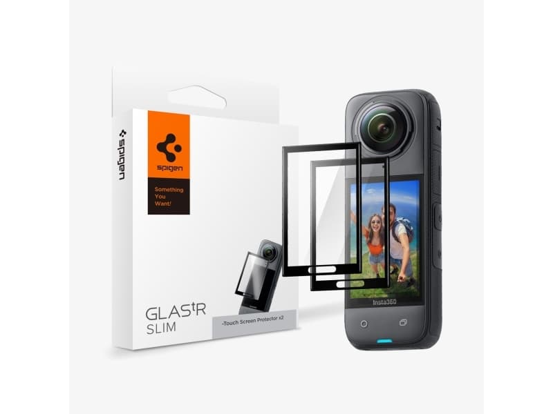 Spigen Glas.tR SLIM, musta, Läpinäkyvä, Insta360, Insta 360 X4, Kirkas näytönsuoja, 9H, Naarmuuntumisenkestävä