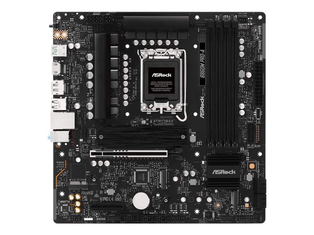 ASRock B860M Pro-A - Emolevy - micro ATX - LGA1851-asennuspaikka - B860-piirisarja - USB-C 3.2 Gen 2x2, USB-C 3.2 Gen 1, USB 3.2 Gen 1 - 2.5 Gigabit LAN - sisäinen grafiikka (CPU tarvitaan) - HD Audio (8-kanavainen)