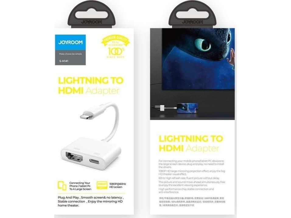 Joyroom AV-sovitin Lightning (uros) digitaaliseen HDMI (naaras) + Lightning (naaras) FullHD 1080p 60Hz valkoinen (S-H141 valkoinen)