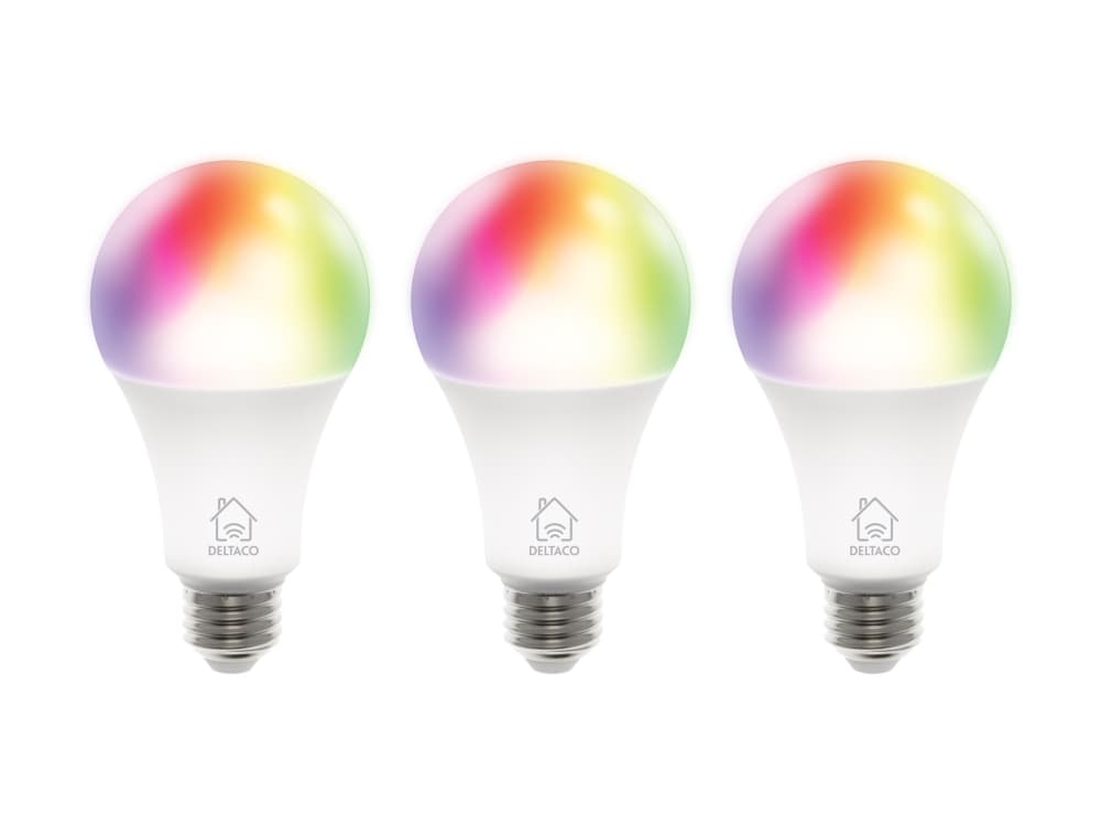 RGB LED-valaisimet DELTACO SMART HOME E27, 3 kpl, WiFI 2.4GHz, 9W, 810lm, himmennettävä, 16m värejä, 220-240V, valkoinen / SH-LE27RGB-3P