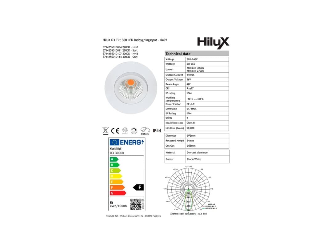 HiluX D3 Tilt360 - Täyden spektrin LED uppoasennettava valonheitin - Ra97 - 3000K - Valkoinen - Valkoinen