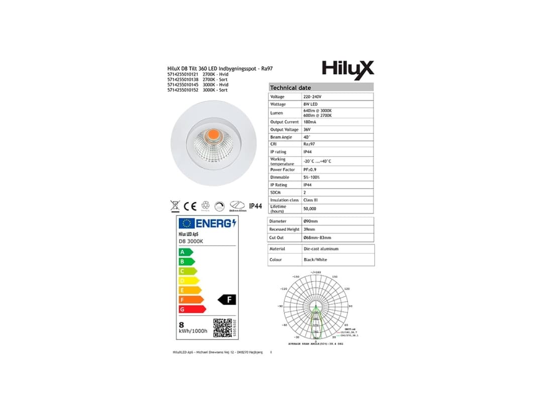 HiluX D8 Tilt360 - Täyden spektrin LED upotettava valokeila - Ra97 - 2700K - Valkoinen - Valkoinen