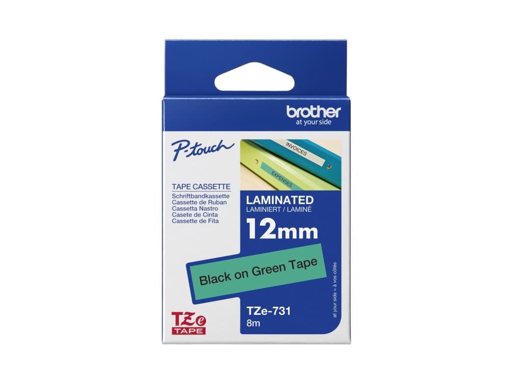 Brother TZe-731 - Musta vihreällä - Rulla (1,2 cm x 8 m) 1 kasetti(t) laminoitua teippiä - Brother PT-D210, D600, H110, P750 P-Touch PT-1005, D450, H110 P-Touch Cube Pro PT-P910 P-Touch Cube Pro PT-P910