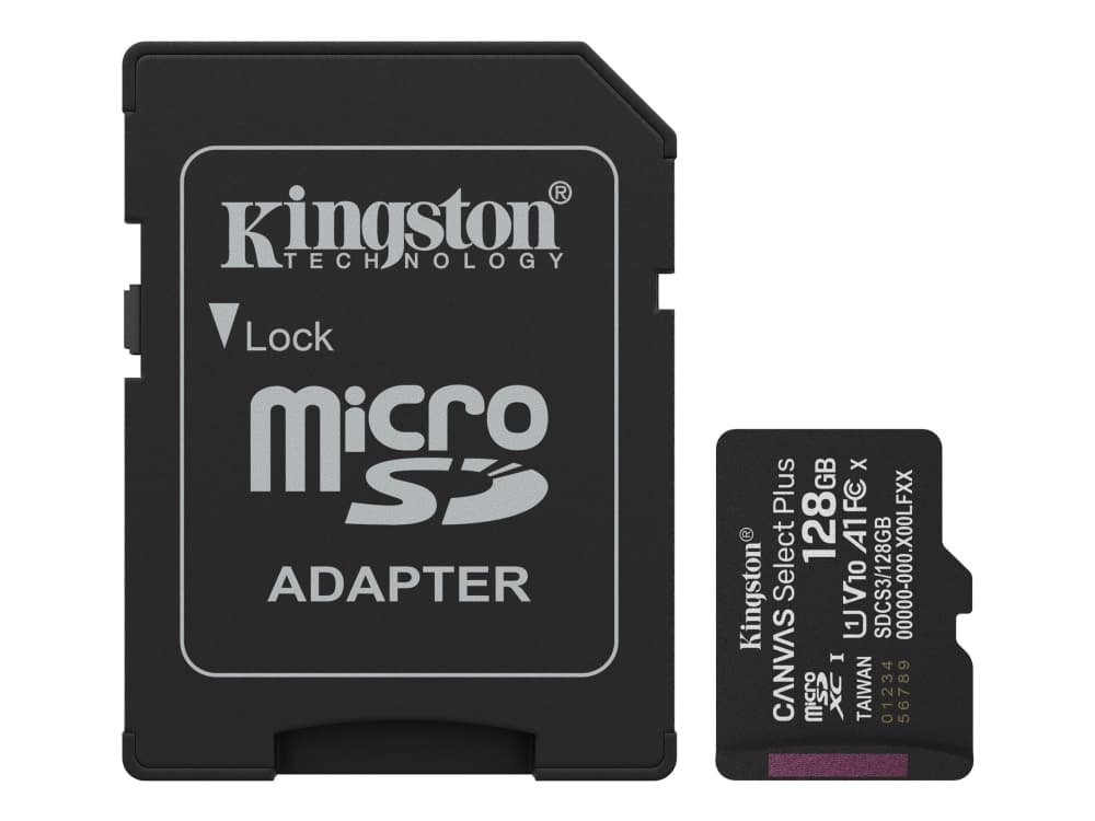 Kingston Technology 128 Gt microSDXC Canvas Select Plus Gen3 150 MB/s A1 -kortti + sovitin, 128 GB, MicroSDXC, Luokka 10, UHS-I, 150 MB/s, Class 1 (U1)