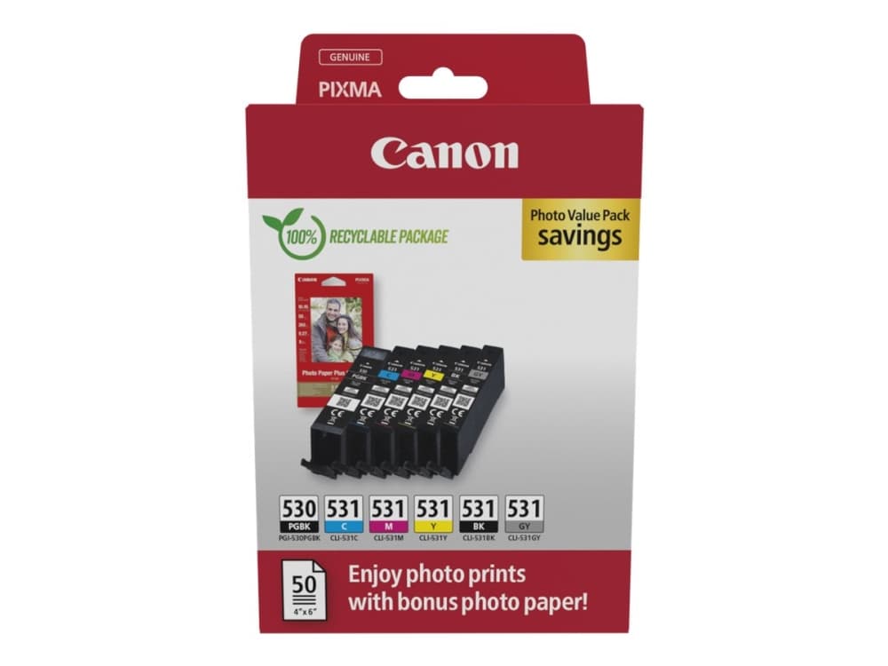 Canon PGI-530/CLI-531 PVP, musta, sininen, harmaa, magenta, valokuvamusta, keltainen, 6 kpl, valokuva-arvopakkaus