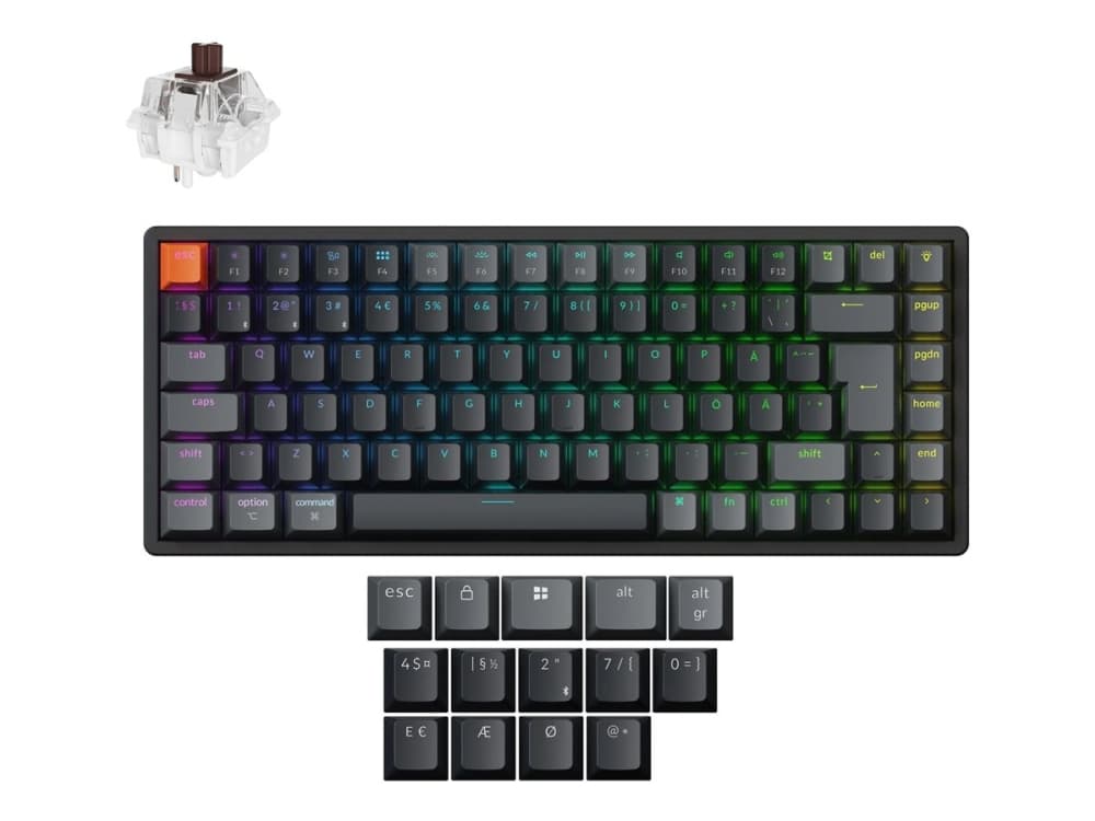 Keychron K2 - Versio 3 - näppäimistö - ISO-asettelu, QMK , mekaaninen - 75 % - taustavalaistu - langaton - Bluetooth 5.2, USB-C - QWERTY - pohjoismainen - näppäinkytkin: Keychron Super Brown (Hot-swap-mahdollisuus)