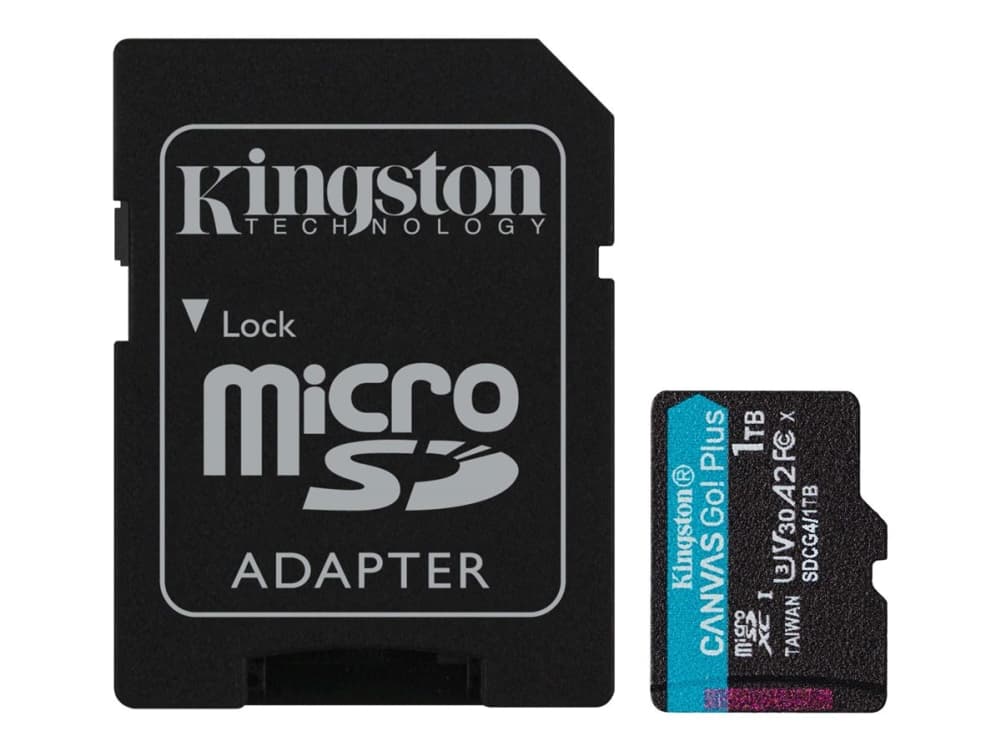 Kingston Technology 1 Tt microSDXC Canvas Go! Plus Gen4 200 Mt/s A2 U3 V30 -kortti + sovitin, 1 TB, MicroSD, Luokka 10, UHS-I, 200 MB/s, 160 MB/s