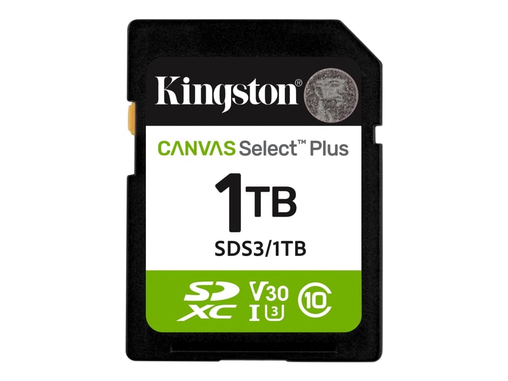 Kingston Technology 1 Tt SDXC Canvas Select Plus Gen3 150 Mt/s C10 UHS-I U3 V30, 1 TB, SD, Luokka 10, UHS-I, 150 MB/s, Class 3 (U3)