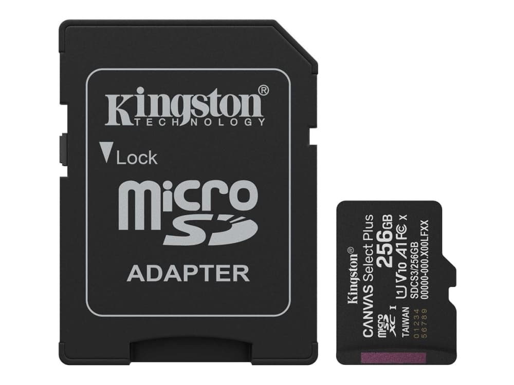 Kingston Technology 256 Gt microSDXC Canvas Select Plus Gen3 150 MB/s A1 -kortti + sovitin, 256 GB, MicroSDXC, Luokka 10, UHS-I, 150 MB/s, Class 1 (U1)