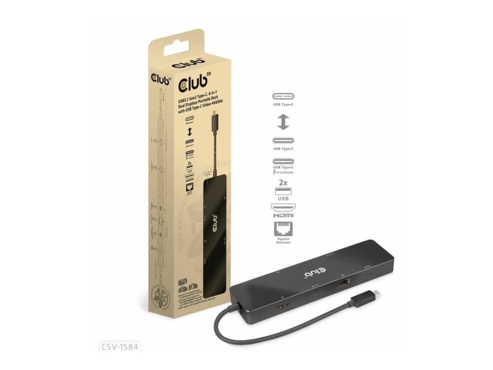 CLUB3D CSV-1584, langallinen, USB 3.2 Gen 2 (3.1 Gen 2) Type-C, 100 W, 1000 Mbit/s, musta