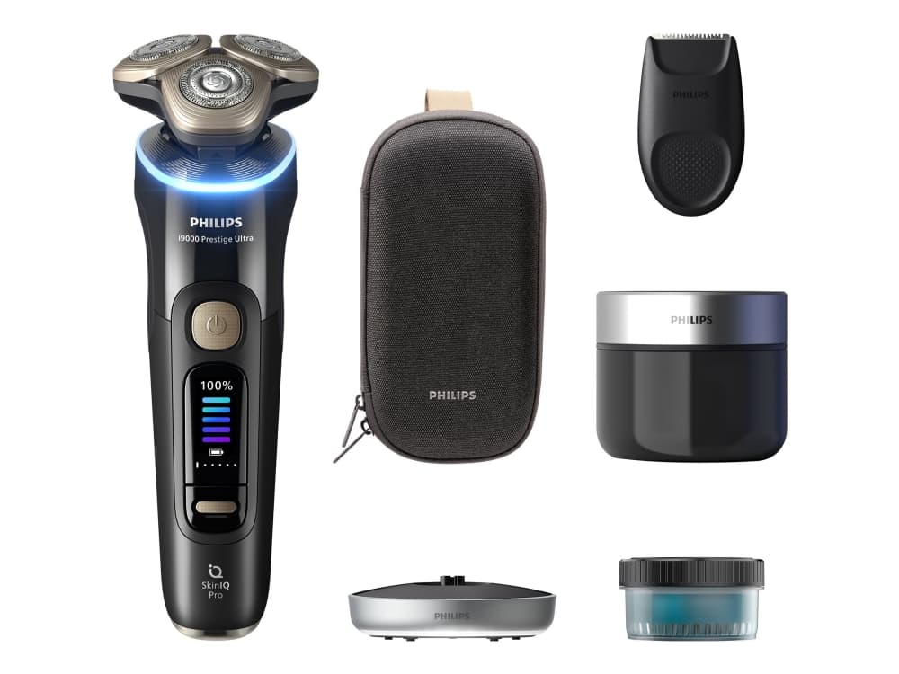 Philips i9000 Prestige Ultra XP9400/31 Wet & Dry -sähköparranajokone, jossa SkinIQ Pro, Parranajokone kääntyvällä päällä, musta, SkinIQ Pro, Ruostumaton teräs, LCD, Android, iOS