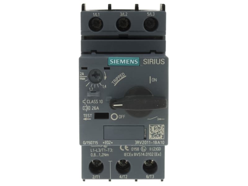 Siemens 3RV2011-1BA10 Katkaisija 1 kpl Asetusalue (virta): 1,4 - 2 A Kytkentäjännite (max.): 690 V/AC (L x K x S) 45 x 97 x 97 mm