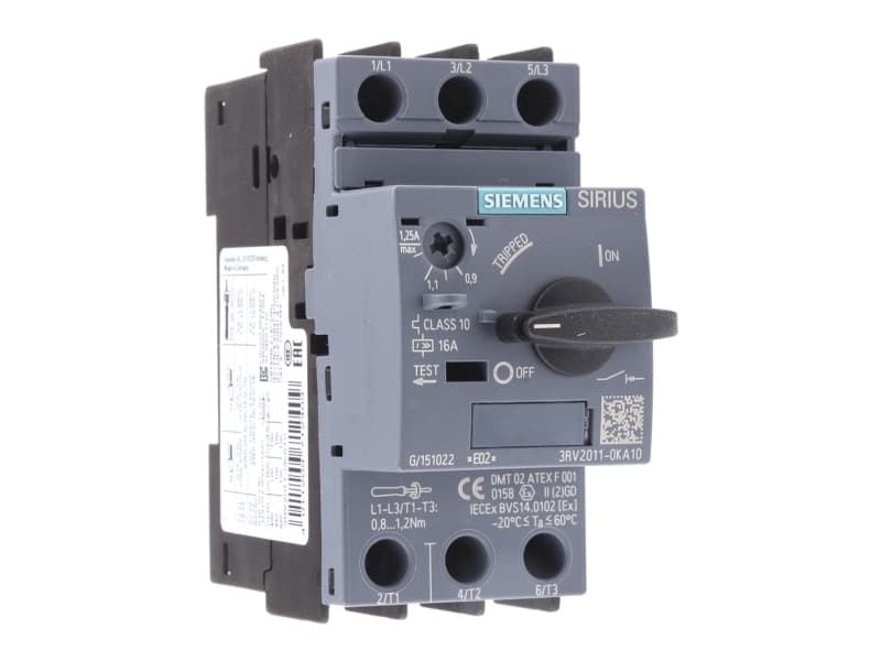 Siemens 3RV2011-0KA10 Katkaisija 1 kpl Asetusalue (virta): 0,9 - 1,25 A Kytkentäjännite (max.): 690 V/AC (L x K x S) 45 x 97 x 97 mm