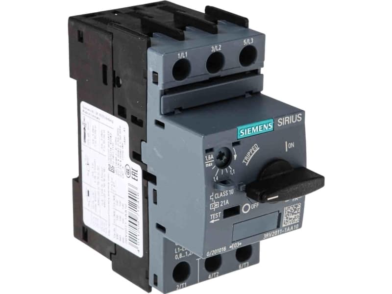 Siemens 3RV2011-1AA10 Katkaisija 1 kpl Asetusalue (virta): 1,1 - 1,6 A Kytkentäjännite (max.): 690 V/AC (L x K x S) 45 x 97 x 97 mm
