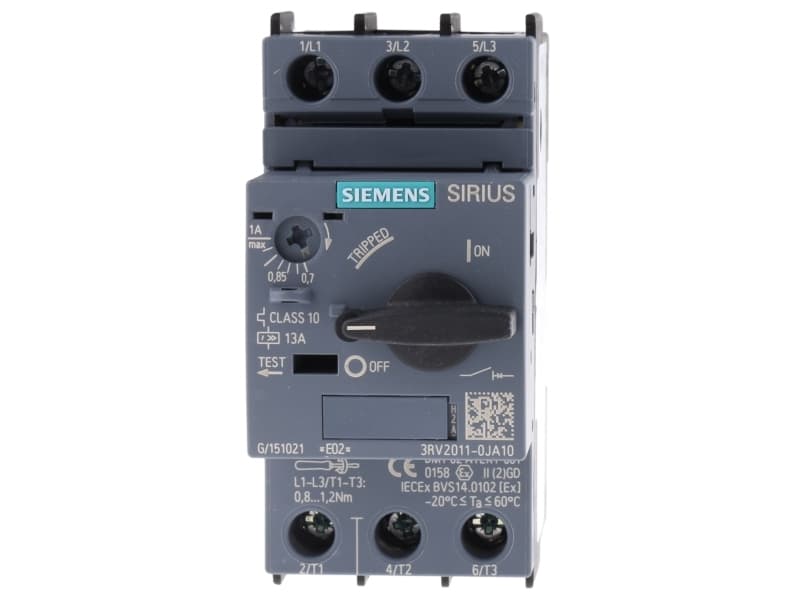 Siemens 3RV2011-0JA10 Katkaisija 1 kpl Asetusalue (virta): 0,7 - 1 A Kytkentäjännite (max.): 690 V/AC (L x K x S) 45 x 97 x 97 mm