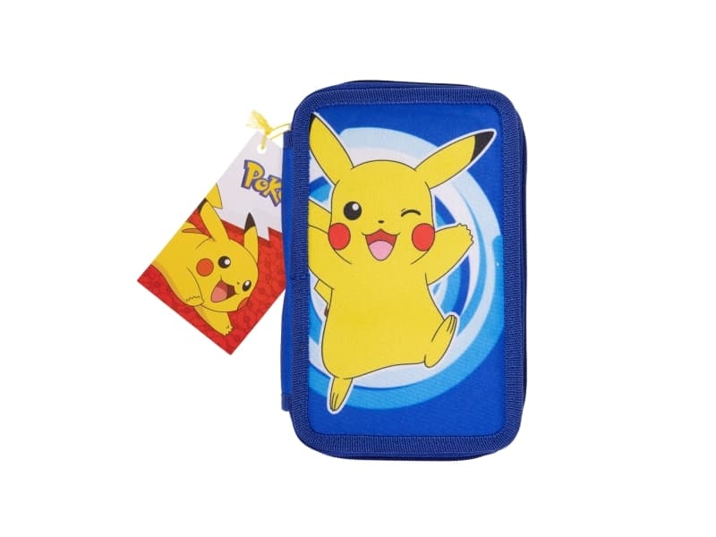 POKÉMON 2-compartment filled pencil case, 300D polyester, 19.5 x 12.5 x 5 cm Contents: 15 cm ruler w/4 col.sticker, 2 triangular sharpened pencils, 1 sharpener, 1 eraser, 1 notepad 20 pages, 16 triangular sharpened colour pencils.