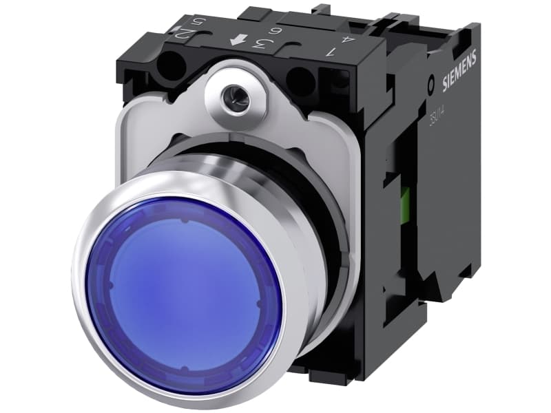 Oplyst trykknap, 22 mm, pyöreä, metalli, nahkainen, sininen, flad knap 3SU1152-0AB50-1BA0