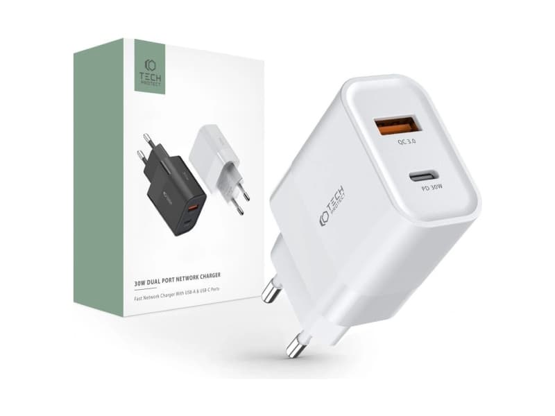 Tech-Protect C30W nätverksladdare PD 30W QC 3.0 2-port vit