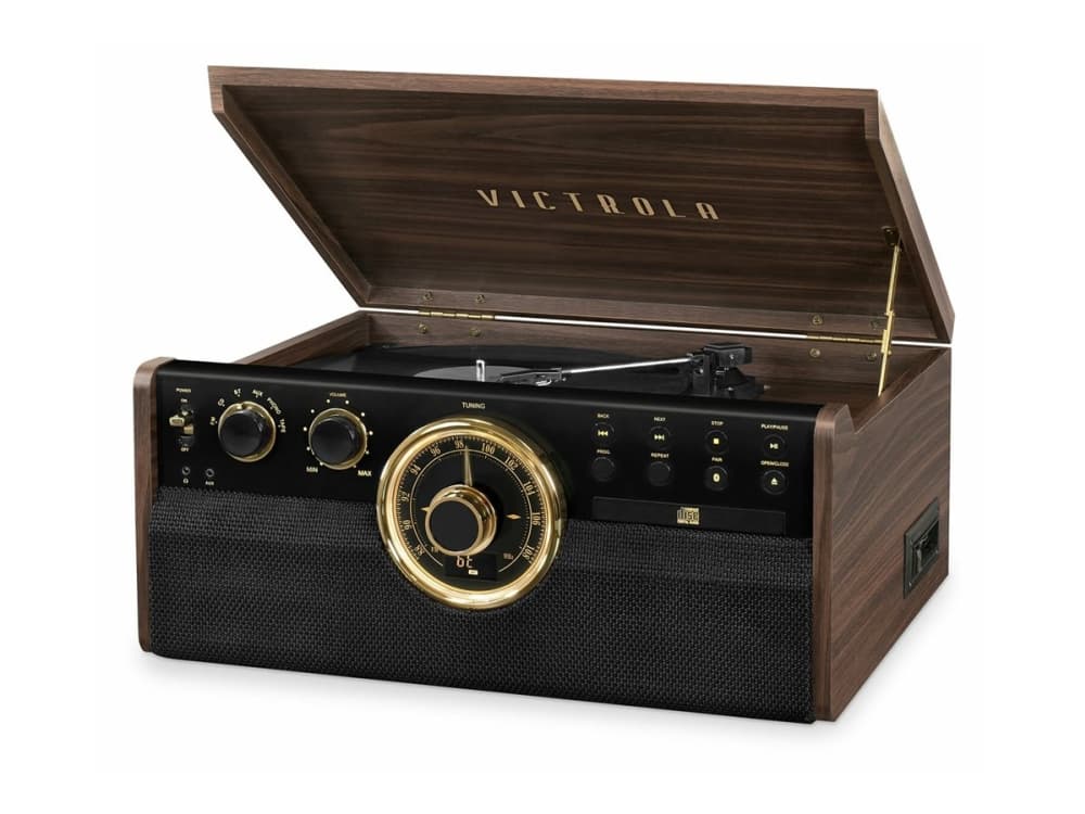 Victrola Empire VTA-270B levysoitin, jossa CD, kasetti ja FM-soitin