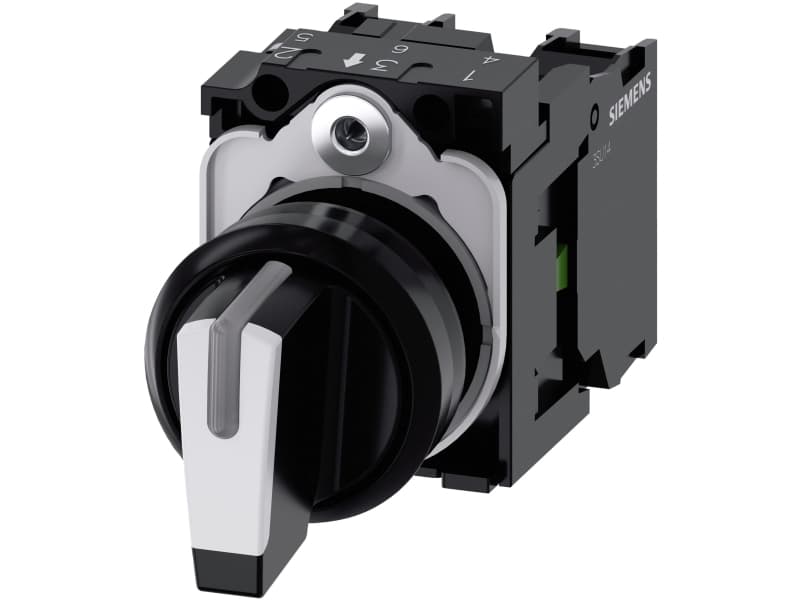 Kytkin, valaistavissa, 22 mm, pyöreä, muovi, musta, valkoinen, lyhyt kytkin, 3 kytkinasentoa