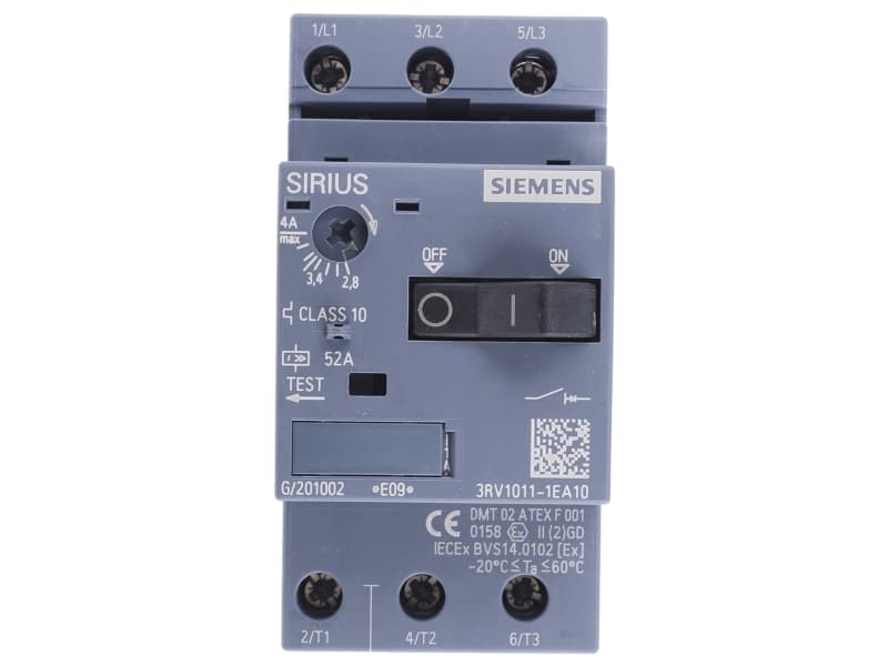 Siemens 3RV1011-1EA10 Katkaisija 1 kpl 3 x katkaisija Asetusalue (virta): 2,8 - 4 A Kytkentäjännite (max.): 690 V/AC (L x K x S) 45 x 90 x 81 mm (L x K x S) 45 x 90 x 81 mm)