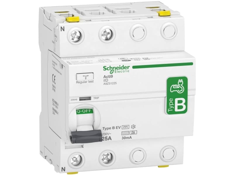 SCHNEIDER ELECTRIC RCCB HPFI -katkaisija 2P 25A 30mA luokka B, erityisesti suunniteltu EV-sähköajoneuvon laturiin AC/DC