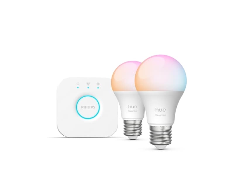 Philips Hue White and Color Ambiance Essential Starter Kit - LED-lamppu - muoto: A60 - E27 - 8 W (samanlainen 60 W) - luokka F - 16 miljoonaa väriä - 2200-6500 K - valkoinen (pakkaus sisältää 2)