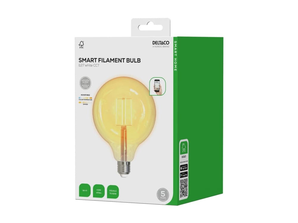 Deltaco SH-LFE27G125, Älylamppu, Läpinäkyvä, Wi-Fi, LED, 1800 K, 6500 K