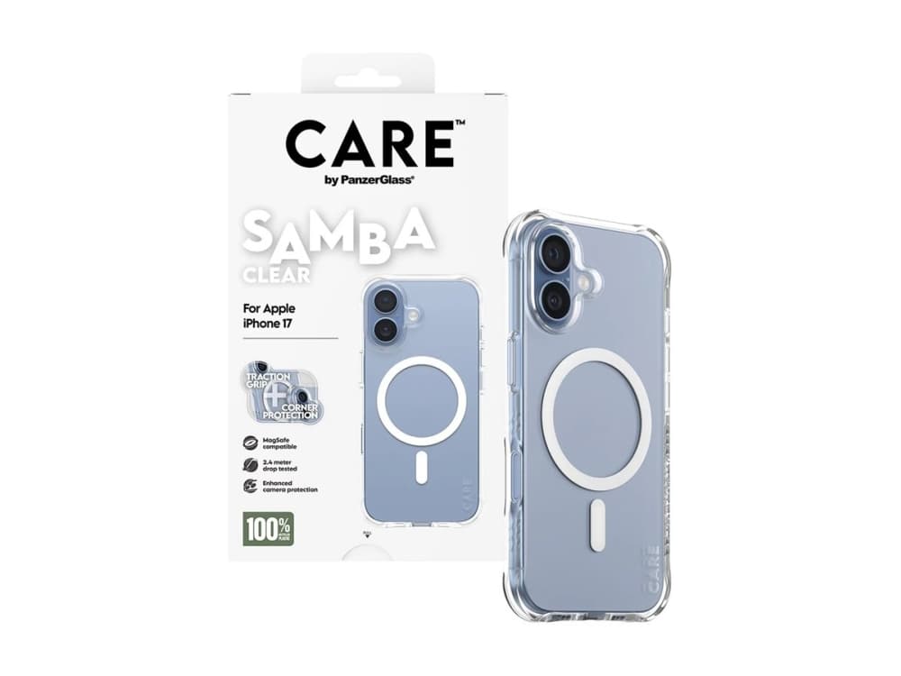 PanzerGlass CARE™ by ® Samba Case Transparent w. White MagSafe iPhone 17, Suojus, Apple, Apple - iPhone 17, Läpinäkyvä