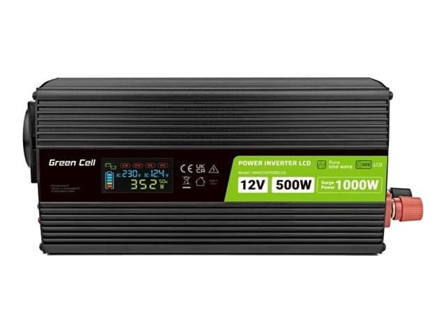 Green Cell PowerInverter LCD 12 voltin 500W/1000W auton invertteri näytöllä - puhdas siniaalto