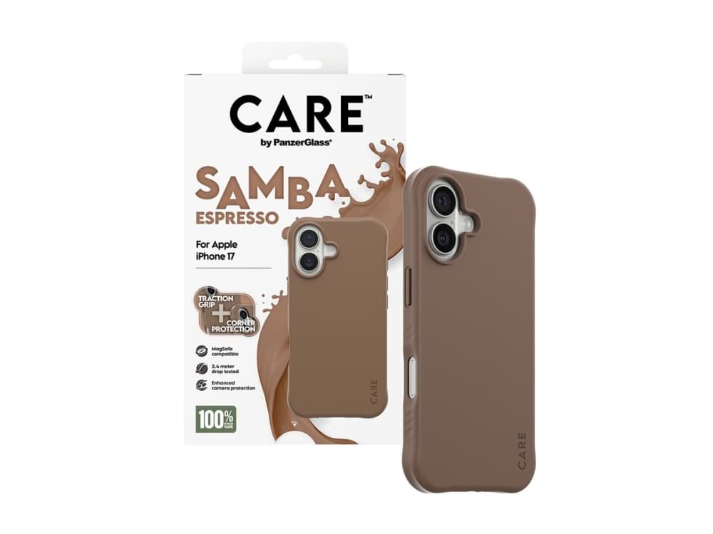 PanzerGlass CARE™ by ® Samba Case Espresso w. MagSafe iPhone 17, Suojus, Apple, Apple - iPhone 17, Ruskea