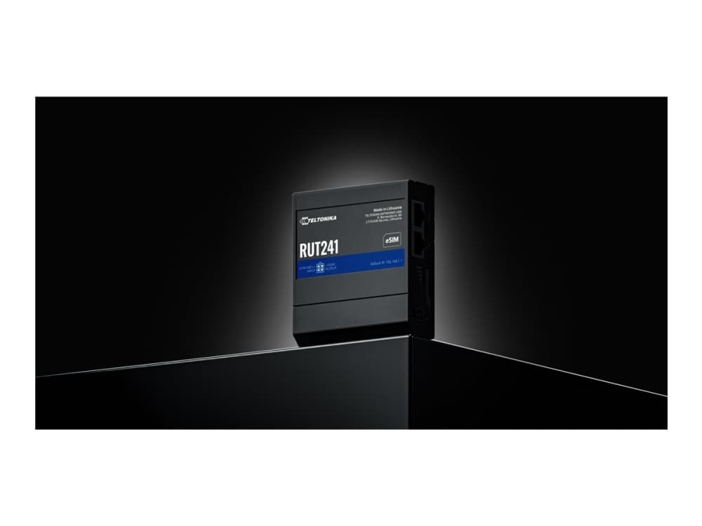 Teltonika RUT241 eSIM | Industrieller 4G-LTE-Router | Cat 4, 2x RJ45 100Mb/s, eSIM, Matkapuhelinverkon reititin, musta, Alumiini, Seinä/tolppa/DIN-kiskokiinnitys, Teollinen, Data, LAN, Teho, WAN