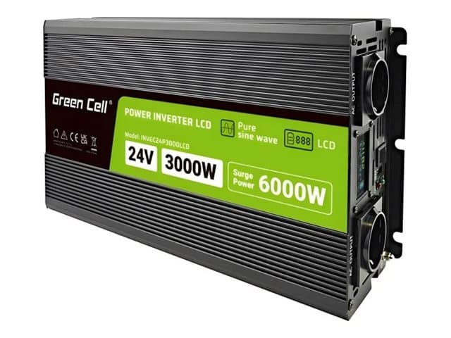 Green Cell PowerInverter LCD 24 V 3000W/60000W ajoneuvon invertteri näytöllä - puhdas siniaalto