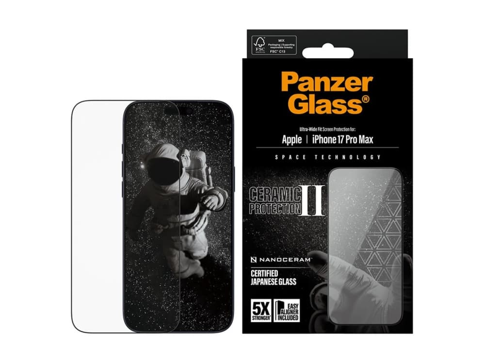 PanzerGlass ® Ceramic II Screen Protector iPhone 17 Pro Max | Ultra-Wide Fit w. EasyAligner, Apple, Apple - iPhone 17 Pro Max, Asennus kuivana, Naarmuuntumisenkestävä, Iskunkestävä, Läpinäkyvä, 1 kpl