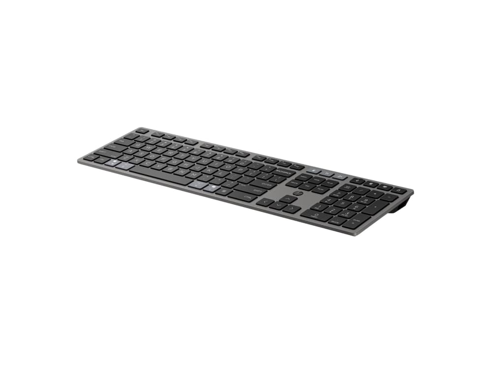 HP 725 – ladattavan langattoman näppäimistön ja hiiren yhdistelmä usealle laitteelle, Täysikokoinen (100 %), Langaton, RF Wireless + Bluetooth, Näppäimen saksikytkin, musta, Sisältää hiiren