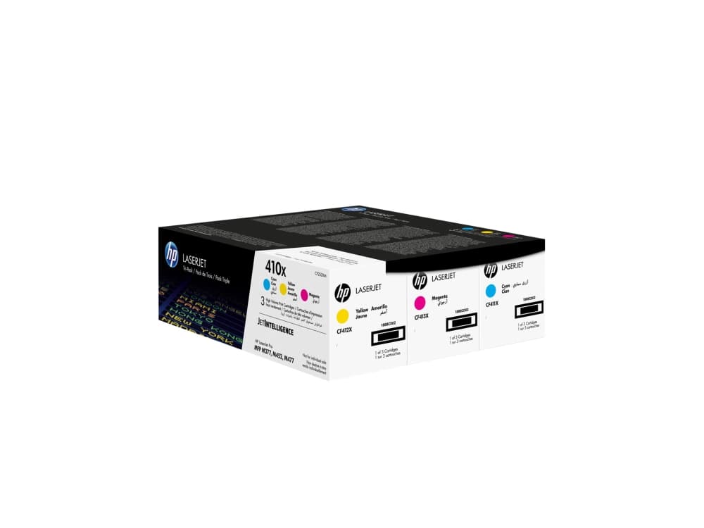 HP 410X alkuperäiset riittoisat LaserJet -värikasetit, syaani/magenta/keltainen, kolmoispakkaus, 5000 sivua, Syaani, Magenta, Keltainen, 3 kpl