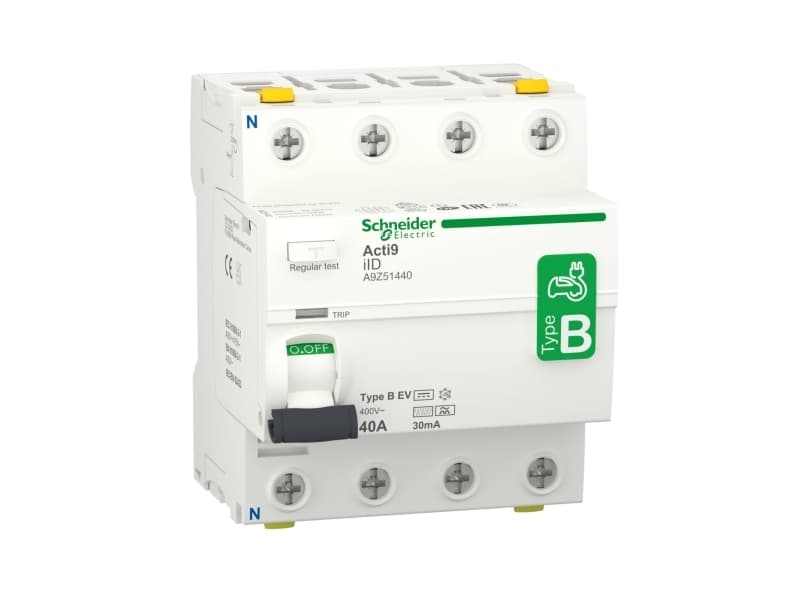 SCHNEIDER ELECTRIC RCCB HPFI -katkaisija 4P 40A 30mA luokka B, erityisesti suunniteltu EV-sähköajoneuvon laturiin AC/DC