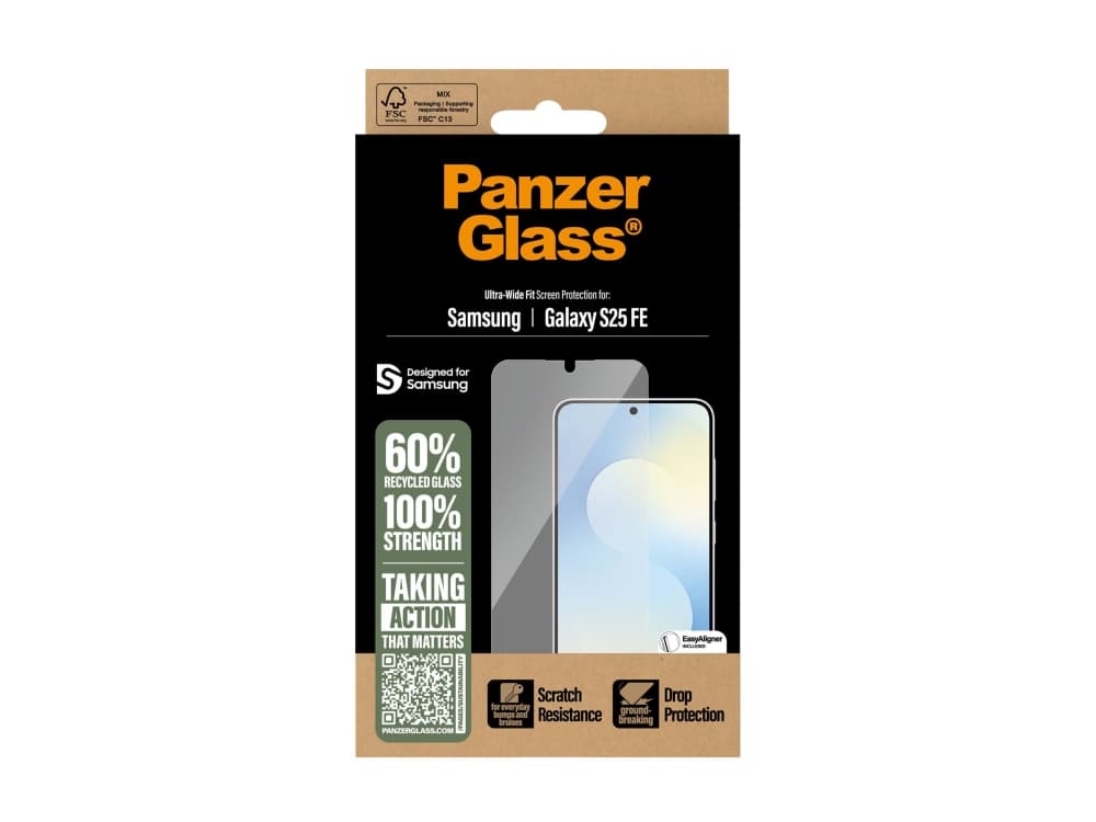 PanzerGlass ® Screen Protector Samsung Galaxy S25 FE 5G | Ultra-Wide Fit w. EasyAligner, Samsung, Samsung - Galaxy S25 FE 5G, Asennus kuivana, Naarmuuntumisenkestävä, Iskunkestävä, Läpinäkyvä, 1 kpl