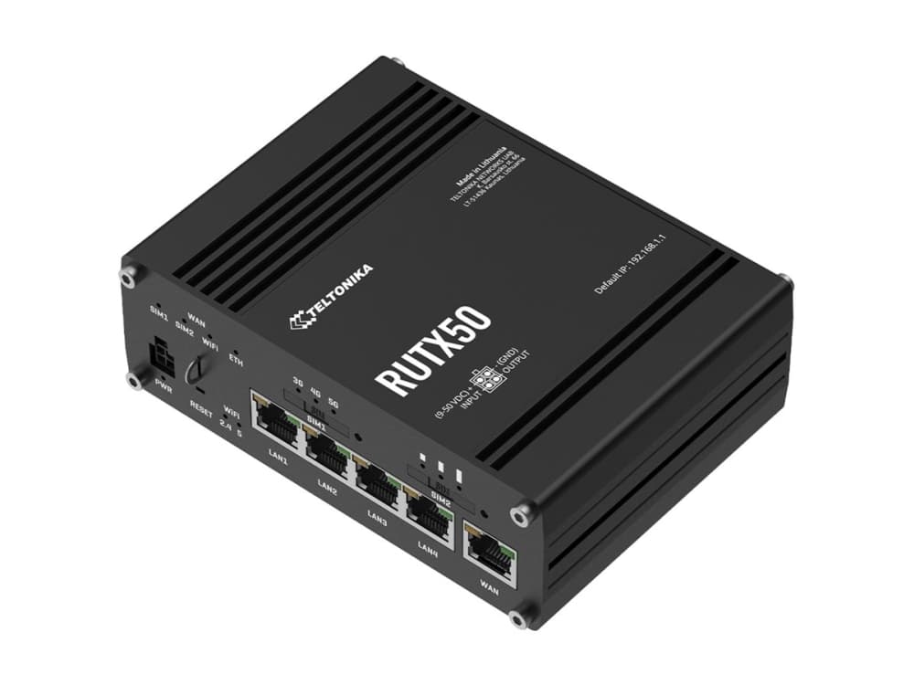 Teltonika RUTX50, Wi-Fi 5 (802.11ac), Kaksitaajuus (2,4 GHz/5 GHz), Ethernet LAN, 5G, musta, Teollinen reititin