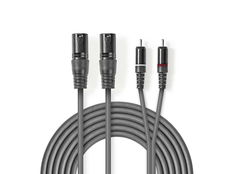 Nedis COTH15210GY30, 2 x XLR (3-nastainen), urosliitin, 2 x RCA, urosliitin, 3 m, harmaa