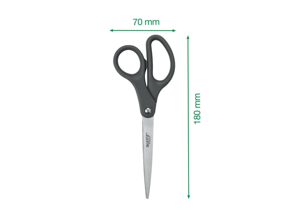 Leitz Titanium sakset 180 mm, Aikuinen, Suora leikkuu, Harmaa, Satiini teräs, Ruostumaton teräs, Toimistosakset, Polypropeeni