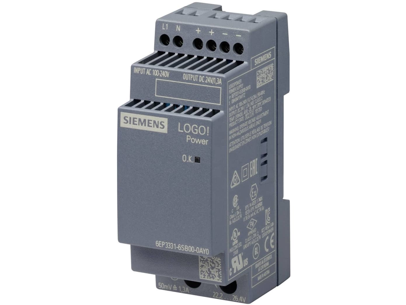 SIEMENS LOGO!Teho 24V / 1,3A tulo: 100-240V AC lähtö: 24V / 1,3A DC